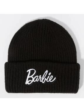 Women’s Black Barbie Knit Beanie Hat, Embroidered Cute Winter Toque Cap